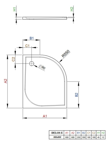 Radaway Delos E 90x80 cm aszimmetrikus zuhanytálca (beépíthető / balos, 90x80 cm, #SDE9080-01L)