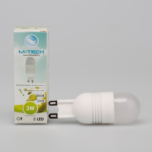 M-Tech G9 Spot 8 LED SMD, 230V, 3W, 210Lm Meleg Fehér 2800K, MTL802 led izzó