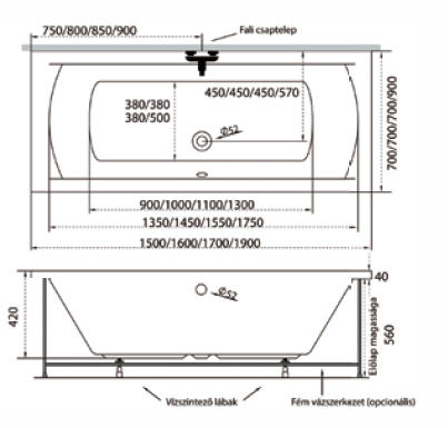 M-Acryl Helena 150x70 egyenes kád kádlábbal 12138
