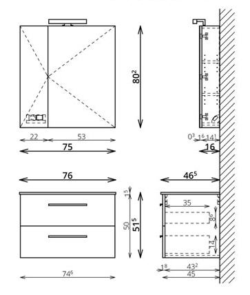 Tboss Milano 75 alsószekrény kerámia mosdóval, Mirror Box Recta 75 tükrös felsővel, magasfényű fehér (komplett szett)