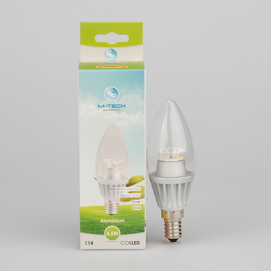 M-Tech E14 Candle 1 COB LED 230V, 4.5W, 380Lm hideg Fehér 6500K, alumínium, MTL906 led izzó