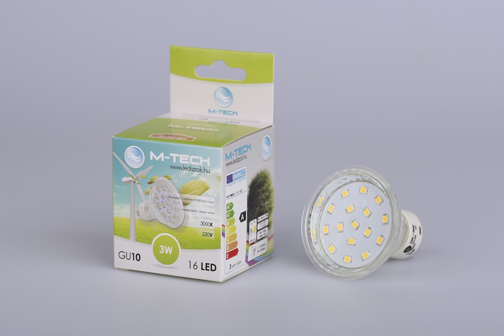M-Tech GU10 Spot 16 LED SMD, 230V, 3W, 200Lm Meleg Fehér 3000K, 2835, MTL480 led izzó