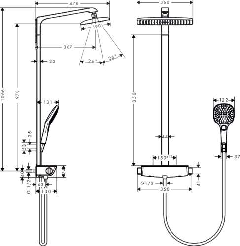 Hansgrohe Raindance Select E 360 EcoSmart Showerpipe króm/fehér 9 l/perc 27286 400 (27286400)