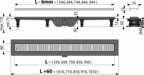 ALCA (Alcaplast) APZ10-950M Simple műanyag zuhanyfolyóka fém ráccsal (950 mm)
