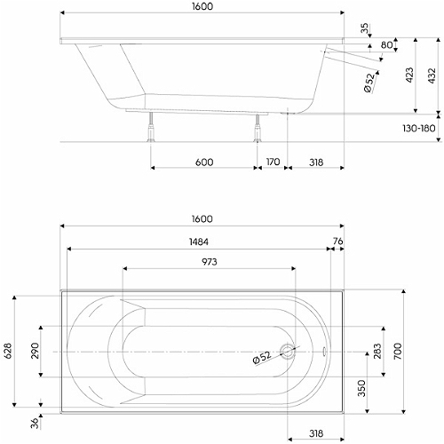Kolo Opal Plus egyenes kád 160 (160x70x42 cm, XWP1260000)