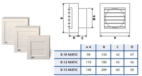 Cata Standard B 12 Matic T időzítős fürdőszobai axiál ventilátor, automata zsaluval (00926000)