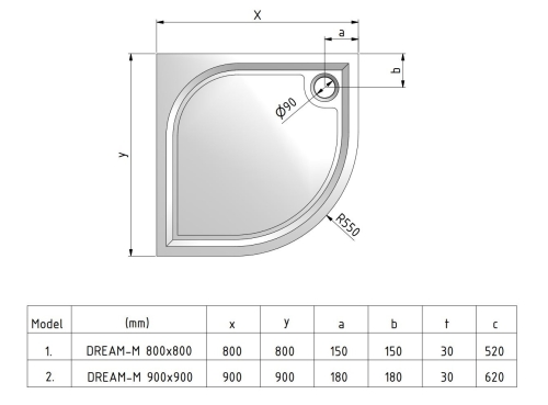 Sani Pro Dream-M 90x90 negyedköríves öntött márvány zuhanytálca (8000150)