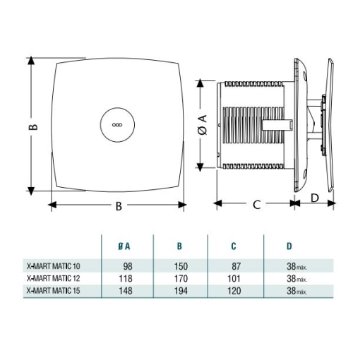 Cata X-MART 12 MATIC T időzítős, inox fürdőszobai axiál ventilátor 01056000