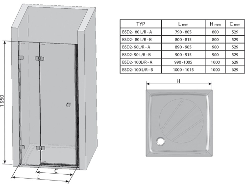 Ravak Brilliant BSD2 kételemes 90 cm-es zuhanyajtó, balos 0UL7AA00Z1 (B SET -zsanér nélkül)