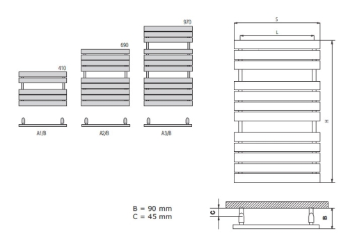 Radeco Bari A2-450/B O profilos egyenes törölközőszárítós csőradiátor (640 W, fehér, 690x550 mm)