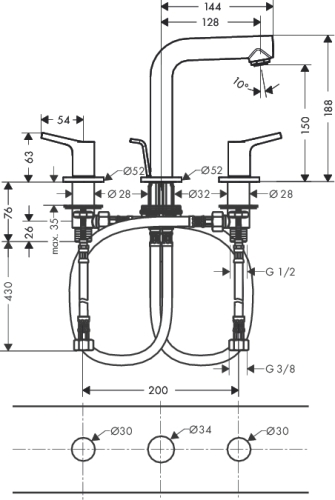 Hansgrohe Talis S 3-lyukú mosdócsaptelep, automata lefolyó-garnitúrával 72130 000 (72130000)