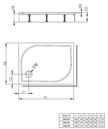 Radaway Delos D 80x75 cm -es szögletes előlapos zuhanytálca szifonnal, balos 4D87514-03L