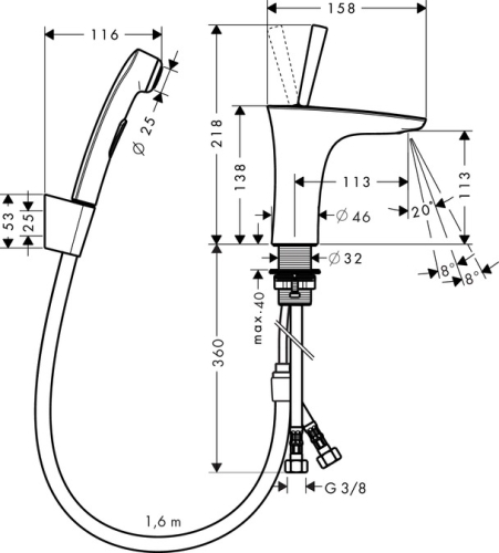 Hansgrohe PuraVida egykaros mosdócsaptelep Bidette 1jet kézizuhany szett 1,60 m 15275 400 (15275400)