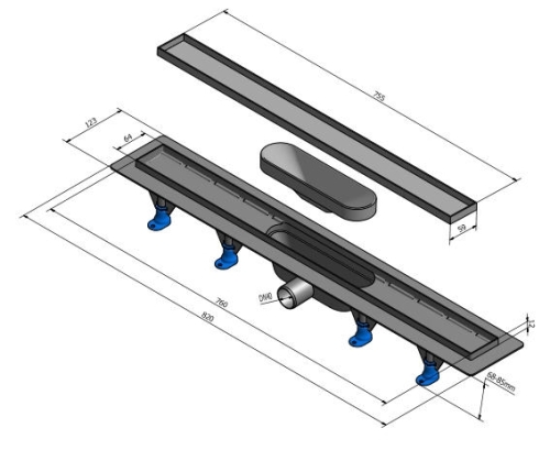Sapho TILE műanyag padlóösszefolyó, inox rosttal , L=820mm (72838)