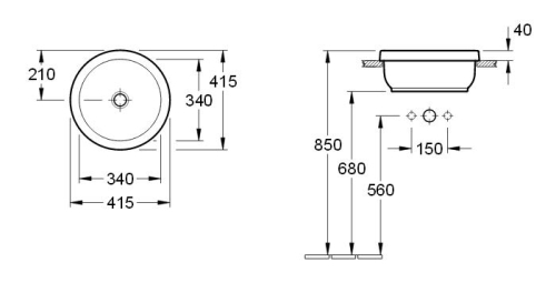 Villeroy and Boch Architectura 41,5 cm beépíthető mosdó, túlfolyó nélkül 41654101 (4165 41 01)