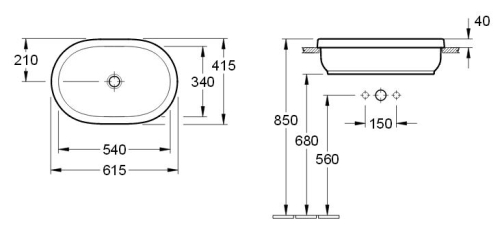 Villeroy and Boch Architectura 61,5x41,5 cm beépíthető mosdó, túlfolyó nélkül 41666101 (4166 61 01)