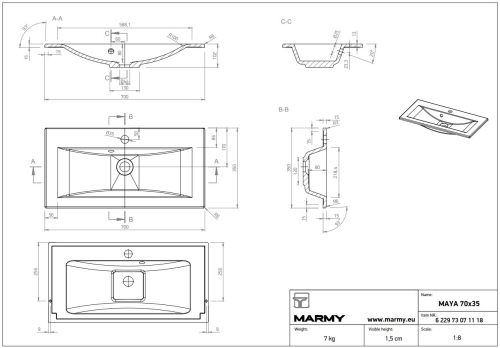 Marmy MAYA 70x35 cm beépíthető öntöttmárvány mosdó, fehér 6 229 73 07 11 18