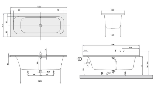 Villeroy & Boch Loop & Friends, Duo, 170x70 cm fürdőkád szögletes belső formával UBA177LFS2V-01