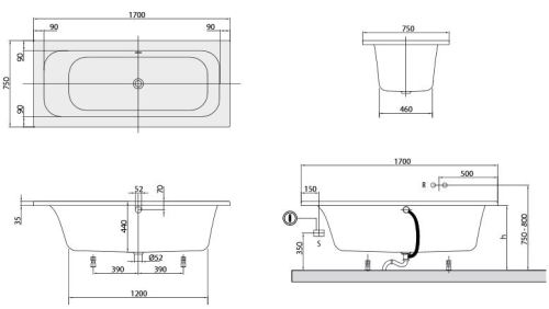 Villeroy & Boch Loop & Friends, Duo, 170x75 cm fürdőkád szögletes belső formával UBA170LFS2V-01