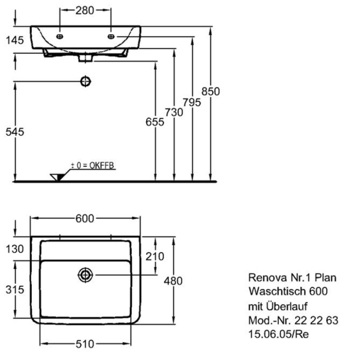 Keramag Renova Nr. 1 Plan mosdó csaplyuk nélkül (60x48 cm, 222263000)