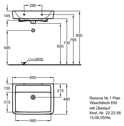 Keramag Renova Nr. 1 Plan mosdó csaplyuk nélkül keratect felülettel (65x48 cm, 222268600)