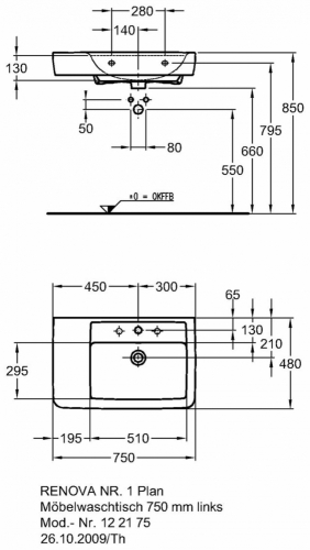 Keramag Renova Nr. 1 Plan aszimetrikus mosdó bal oldali rakodóperem (75x48 cm, 122175000)