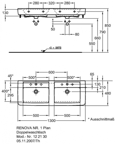 Keramag Renova Nr. 1 Plan dupla mosdó keratect felülettel (130x48 cm, 122130600)