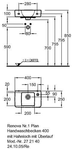 Keramag Renova Nr. 1 Plan kézmosó csaplyukkal keratect felülettel (40x25 cm, 272140600)
