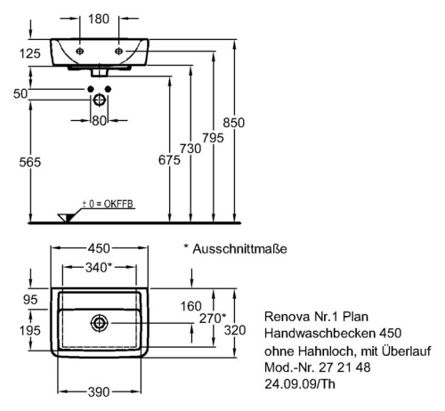 Keramag Renova Nr. 1 Plan kézmosó csaplyuk nélkül keratect felülettel (45x32 cm, 272148600)