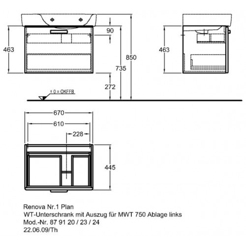 Keramag Renova Nr. 1 Plan szekrény aszimetrikus mosdóhoz magasfényű fehér (68x46,3x44,5 cm, 879120000)