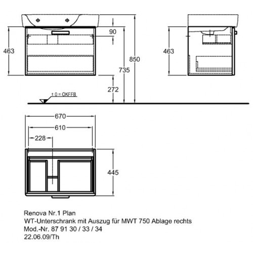 Keramag Renova Nr. 1 Plan szekrény aszimetrikus mosdóhoz magasfényű wenge (68x46,3x44,5 cm, 879133000)
