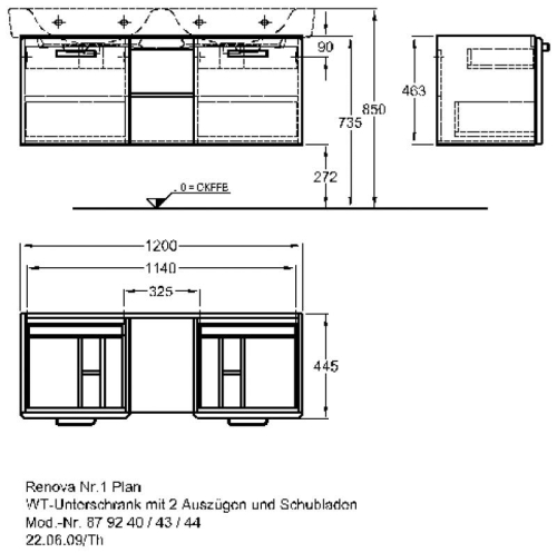 Keramag Renova Nr. 1 Plan szekrény dupla mosdó alá magasfényű rubin (120x46,3x44,5 cm, 879244000)