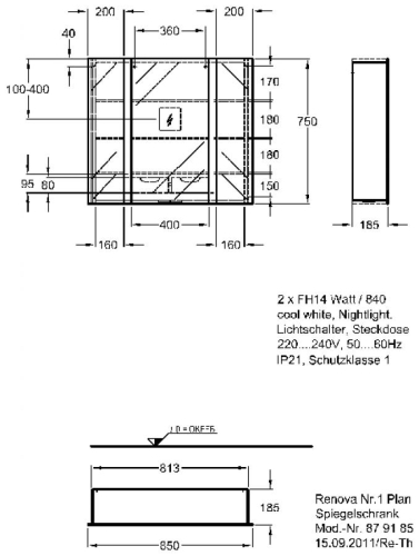 Keramag Renova Nr. 1 Plan tükrösszekrény lámpával (85x75x17 cm, 879185000)