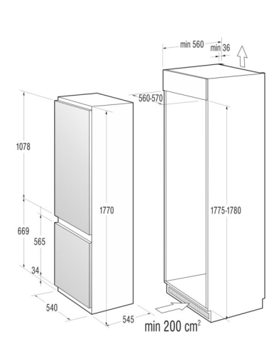 Gorenje beépíthető kombinált hűtőszekrény A+, fehér RKI4181AW
