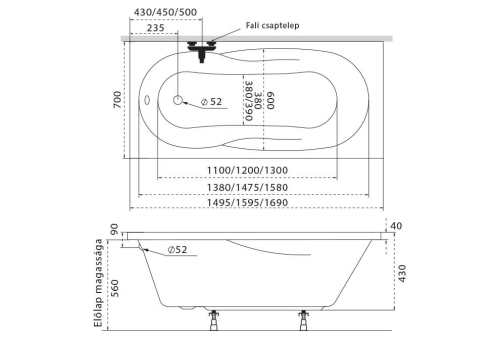 M-Acryl Nora 170x70 egyenes kád kádlábbal (12186)