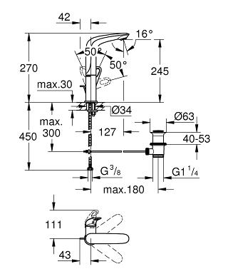Grohe Eurostyle (2015) egykaros magasított mosdó csaptelep leeresztővel, fehér L méret 23569LS3