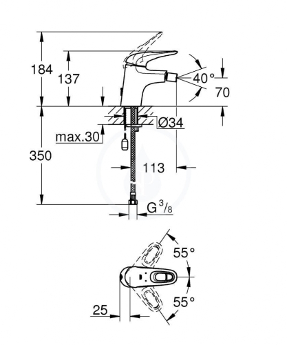 Grohe Eurostyle (2015) egykaros bide csaptelep leeresztő nélkül, behúzható láncos S méret 33566003