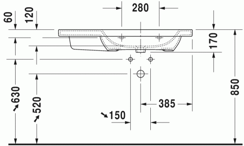 Duravit Durastyle 100x48 cm-es bútorral aláépíthető aszimmetrikus mosdó 2326100000