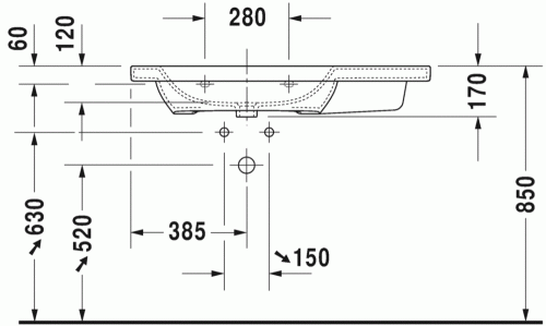 Duravit Durastyle 100x48 cm-es bútorral aláépíthető aszimmetrikus mosdó 2325100000
