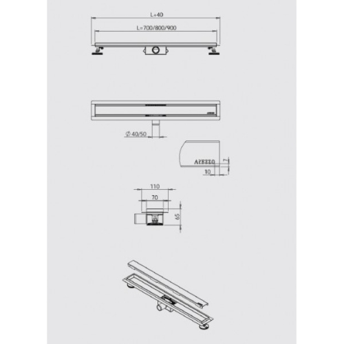 AREZZO design 900 mm-es rozsdamentes acél zuhanyfolyóka Steel ráccsal AR-900