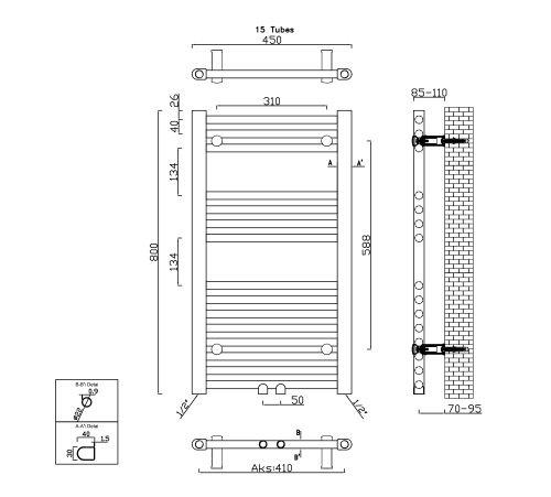 Sapho ALYA 450x800mm egyenes fürdőszobai radiátor középső bekötéssel, króm 1145-01