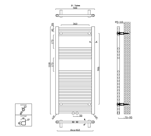Sapho ALYA 500x1118mm egyenes fürdőszobai radiátor középső bekötéssel, króm 1145-05