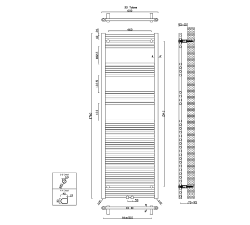 Sapho ALYA 600x1760mm egyenes fürdőszobai radiátor középső bekötéssel, króm 1145-12