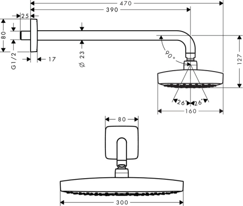 Hansgrohe Raindance Select E 300 2jet fejzuhany, 390 mm-es zuhanykarral, EcoSmart 9 l/perc króm/fehér 26609 400 (26609400)