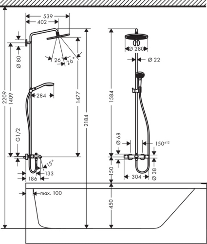 Hansgrohe Croma Select 280 Air 1jet Showerpipe kádhoz 26792 000 (26792000)