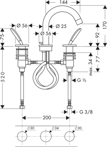 Hansgrohe AXOR Starck Classic 3 lyukú mosdócsaptelep automata lefolyó-garnitúrával 10133000