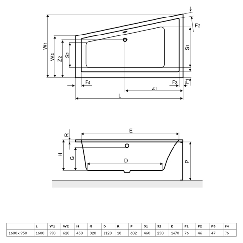 Excellent M-Sfera Slim 160x95 cm-es aszimmetrikus kád kádlábbal, jobbos