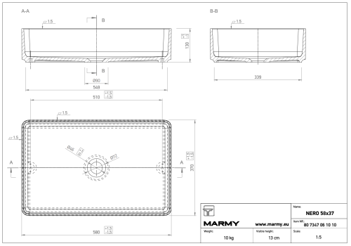 Marmy NERO 58x37 cm ráültethető öntött márvány mosdó 80 7347 06 10 10