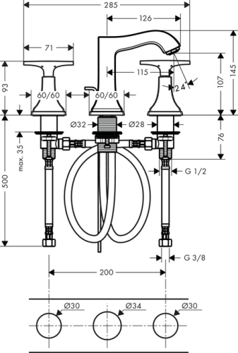 Hansgrohe Metropol Classic 110 3-lyukú mosdócsaptelep automata lefolyó-garnitúrával, króm 31306 000 (31306000)