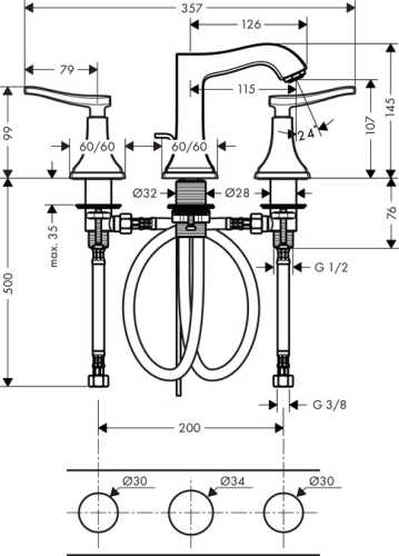 Hansgrohe Metropol Classic 110 3-lyukú mosdócsaptelep automata lefolyó-garnitúrával, króm/arany hatású 31330 090 (31330090)
